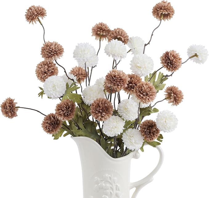 DuHouse 9pcs Artificial Flowers Faux Silk Pompon Mum, Mixed Color Silk Small Mini Chrysanthemum Ball with Stems for Home Table Kitchen Decor DIY Wedding Bouquets Centerpieces