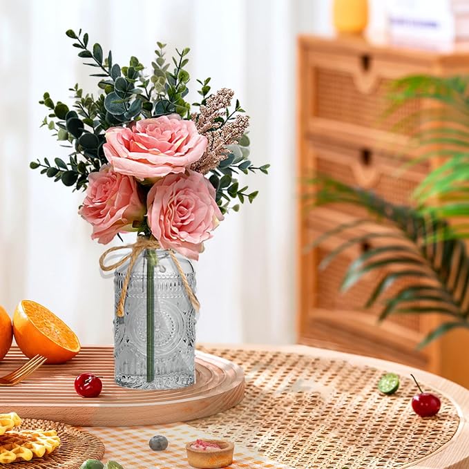 Silk Flowers with Vase, Artificial Flowers Arrangement with Glass Vase Artificial Flowers Bouquet for Decoration Table Centerpiece (Pink)