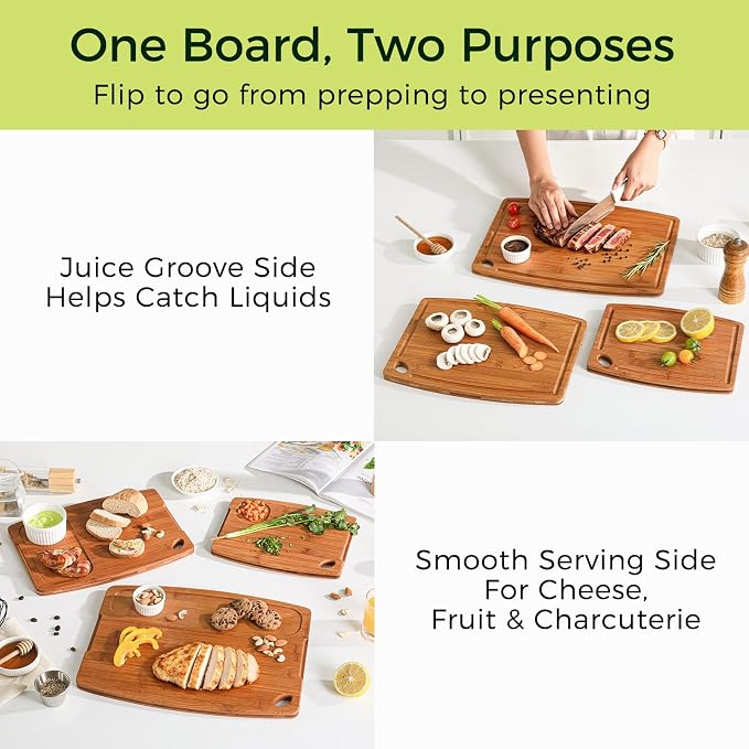 Bamboo Cutting Boards for Kitchen, 15.4" Deep Carbonized Wood Cutting Board with Storage Stand, 3 Piece Extra Thick Cutting Board Set with Deep Juice Grooves, Gift for Charcuterie Boards