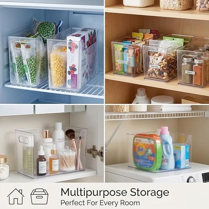 Crystal Clear Freezer Storage Bins, Clear Plastic Storage Bins for Pantry Organizers and Storage, Kitchen Stackable Containers with Handle for Refrigerator, Fridge, Cabinet (2, L)