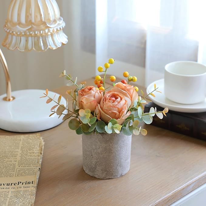 Small Artificial Burnt Orange Rose Potted Plant, 6" Fake Silk Flowers in 3" Cylindrical Pot, Mini Faux Floral Arrangement for Desk Shelf Bathroom Decor