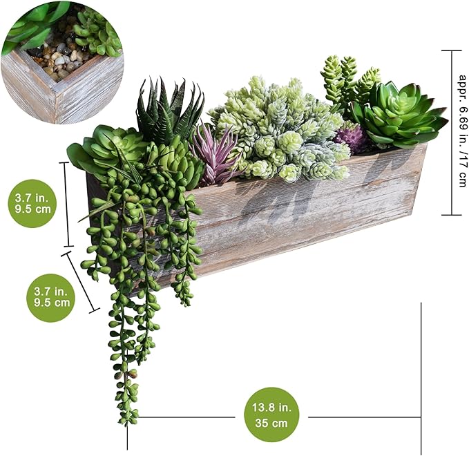 Winlyn Artificial Succulent Arrangement 14" Assorted Faux Succulents Plants in Rustic Rectangular Wooden Box Potted Succulents Plants for Farmhouse Home Table Centerpiece Windowsill Greenery Décor