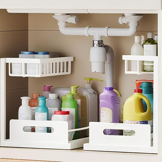 VUSIGN 2 Tier Under Sink Organizer, Slide Out Pull Out Cabinet Organizer, Cabinet Kitchen Bathroom Storage Organization Shelf, 2Pack, White
