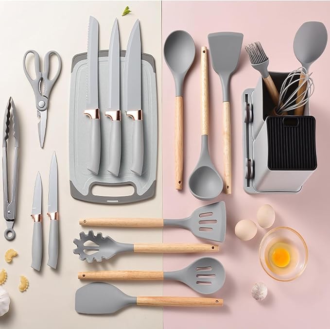 19-Piece Kitchen Utensil & Knife Block Set: 12 Non-Stick, Heat-Resistant Silicone Cooking Utensils (Spatula, Tongs, Ladle, Scissors) + 5 Sharp Kitchen Knives & Cutting Board (Gray)