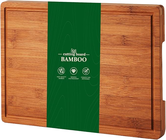 Bamboo Cutting Board for Kitchen, 16x11 in, 1-in Thick Wood Chopping Board with Deep Juice Groove for Meat Fruit Vegetable, Knives-Friendly & Easy to Clean, Natural