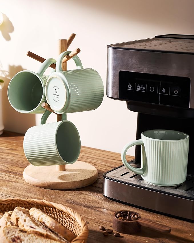 famiware Coffee Mug Set for 4, Star 12 oz Catering Mugs Cup Set with Handle for Coffee, Tea, Cocoa, Milk- Ceramic Stoneware Drinkware Set, Light Green