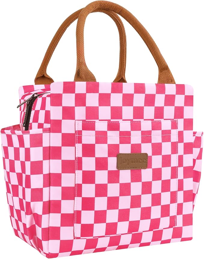 Joymee Lunch Bag Women, Reusable Leakproof Cooler Tote - Checker Pink | Spacious Storage, Bottle Holder & Pockets, Leakproof Insulated, for Work, Travel, Picnic, Daily Use, for Adult