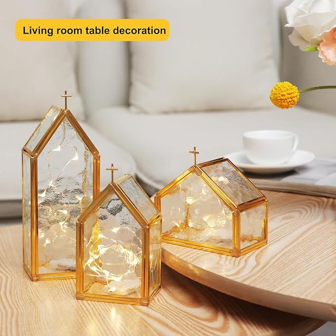 Glass Candle Holder Set of 3, Gold Metal & Textured Glass House-Shaped Candle Holders for Elegant Home Decor, Wedding Table Decor, Mantel & Living Room Accents