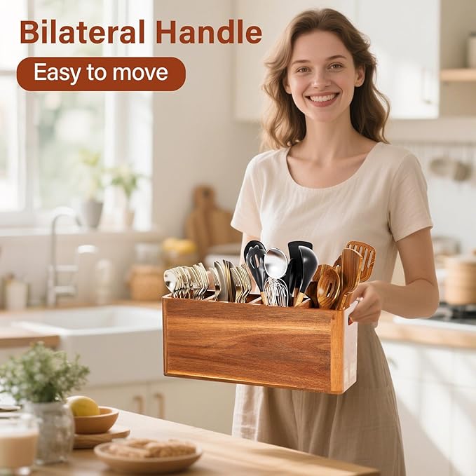 Extra Large Utensil Holder for Kitchen Counter, Acacia Wooden Utensil Holder with 4 Compartment, Kitchen Counter Organizer for Storage Spatula and Silverware, Ideal Christmas Gift for Farmhouse Decor
