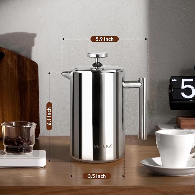 Secura French Press Coffee Maker, 304 Grade Stainless Steel Insulated Coffee Press with 2 Extra Screens, 12oz (0.35 Litre), Silver (Pack of 4)