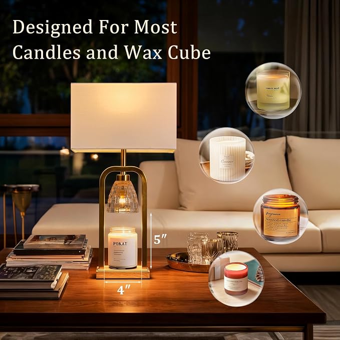 PoKat Gold Table Lamp Candle Warmer, Candle Warmer Lamp with Timer Dimmer, Wax Light Warming Table Lamp for Jar Candles, Modern Bedside Lamp for House Warming Home Decor Living Room, Bulb Included