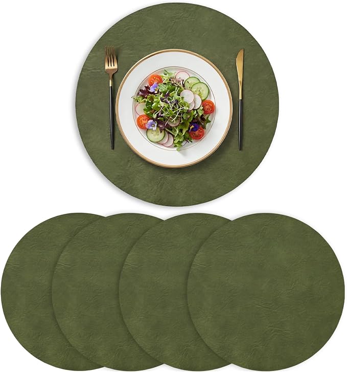Artoid Mode Olive Green Faux Leather Placemats Set of 4, 15 Inch Waterproof Wipeable Heat Resistant Vinyl Place Mats, Reversible Table Mats for Kitchen Dining Decor