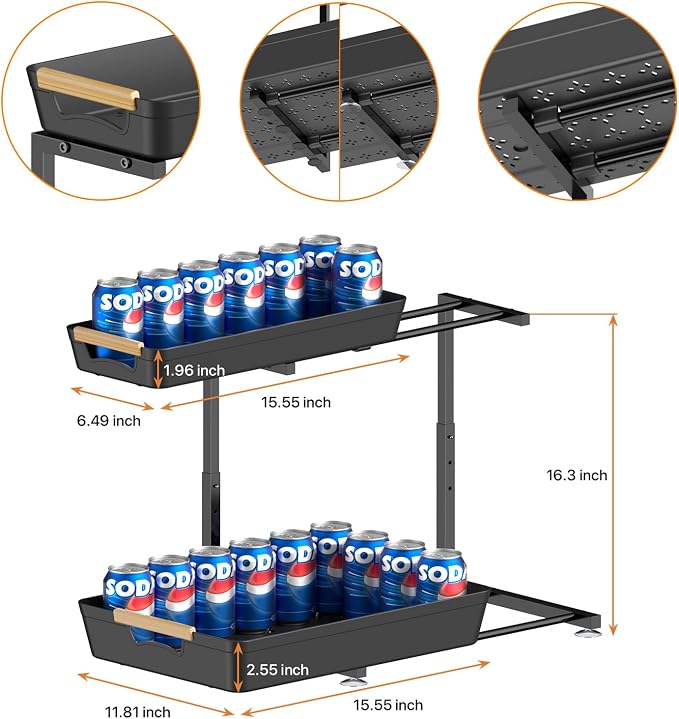 2 Pack Under Sink Organizer, 2 Tier Pull Out Under Sink Organziers and Storage, Height Adjustable Slide Out Under Sink Cabinet Organizer for Kitchen Bathroom Laundry