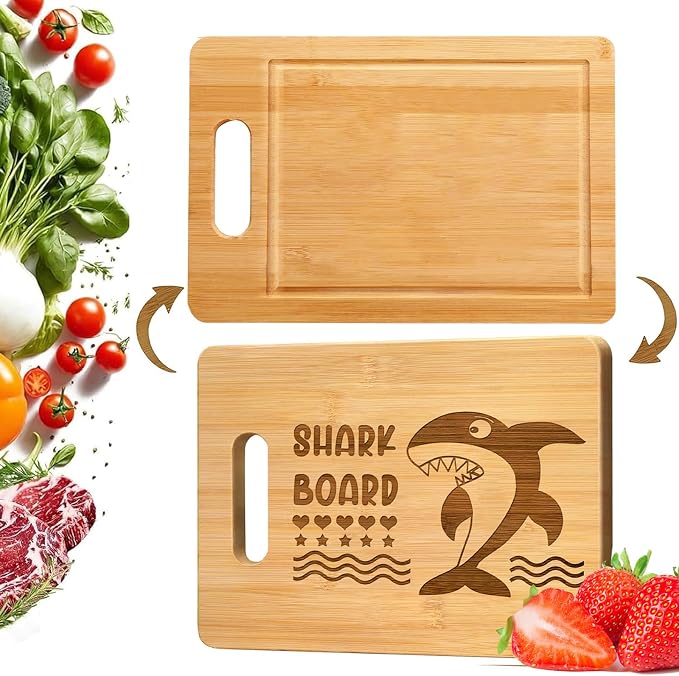 Bamboo Cutting Board for Kitchen, Heavy Duty Wood Shark Charcuterie Boards with Juice Groove, 100% Organic Bamboo, Pre Oiled, 13"