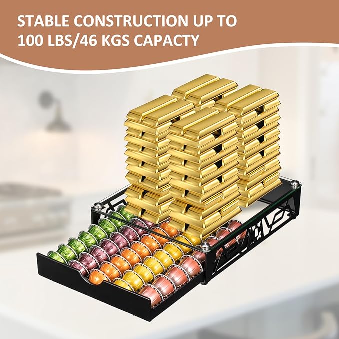 Nespresso Pod Holder Pod Drawer With Glass For Cabinet Vertuoline Pod Storage Rack For Counter，Black(50 Pods)