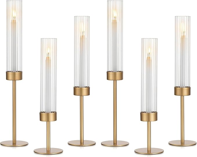 Glasseam Tapered Gold Candlestick Holders: 6 Pcs Tall Brass Taper Candle Holder with Ribbed Glass Cylinder - Hurricane Fluted Candle Holders for Table Centerpiece Wedding Party Christmas Decorations