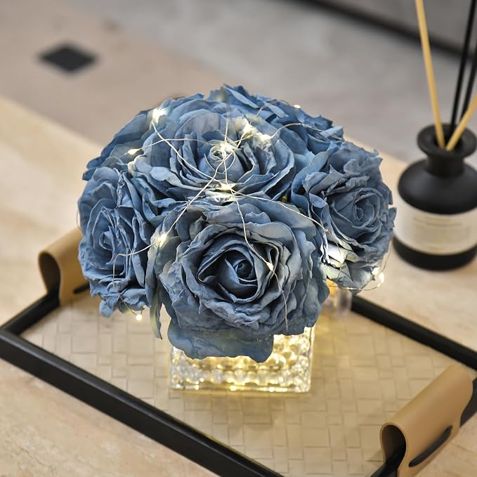 Artificial Rose in Glass Vase Vintage Silk Flower Arrangement with LED Light for Table Centerpiece Home Wedding Decoration (Dusty Blue)
