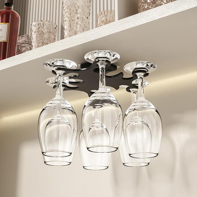 Under Cabinet Wine Glass Holder, 360° Infinitely Rotating Wine Glass Holder, No Drilling Wine Glass Rack for Kitchen, Dining and Bar.(Black)
