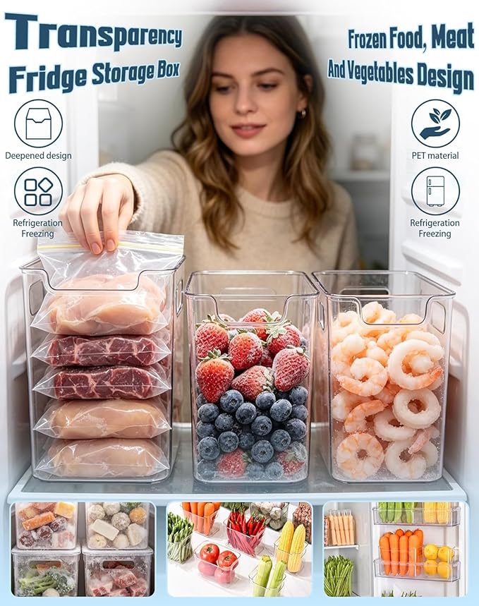 Crystal Clear Freezer Storage Bins, Clear Plastic Storage Bins for Pantry Organizers and Storage, Kitchen Stackable Containers with Handle for Refrigerator, Fridge, Cabinet (2, L)