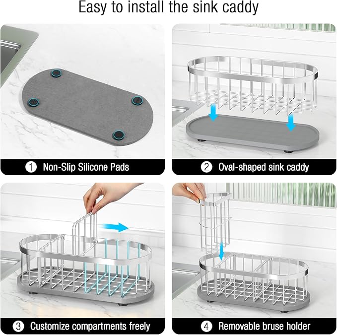 Sponge Holder for Kitchen Sink with High Brush Holder, [Stay-Dry Anywhere & No Drainage Needed] Rustproof Stainless Steel Kitchen Sink Caddy Organizer with Water Absorbing Stone Tray, Silver