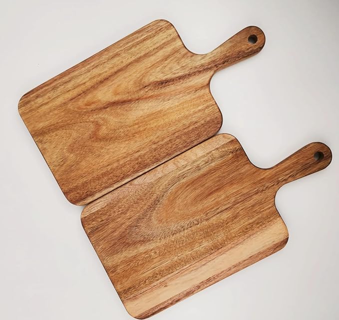 ZeQi 2PCS Small Acacia Wood Cutting Board with Handle 13.7''X7'', Chopping Board, Charcuterie Board, Serving Board for Cheese, Bread, Meat, Vegetables & Fruits (2 Pack Rectangular)
