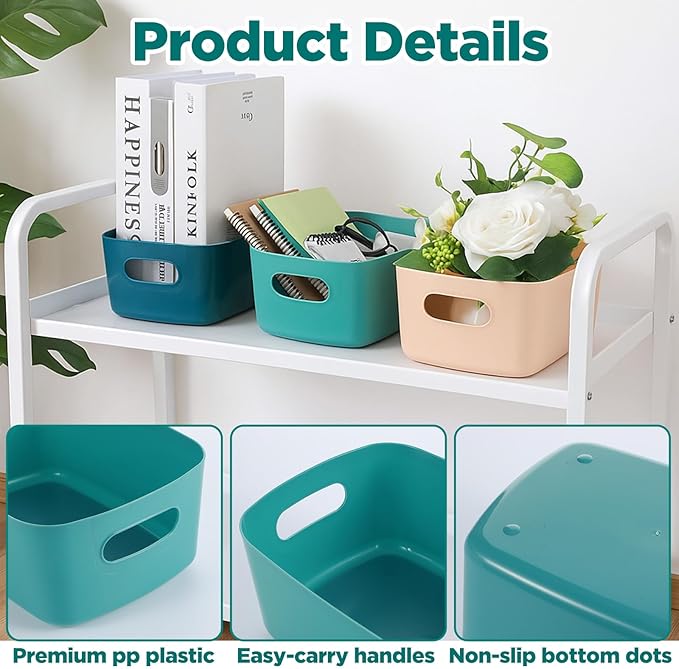 6 PCS Plastic Storage Bins – Multi-Purpose Organizer Bins with Handles for Kitchen, Bathroom, Pantry & Home Organization (White, Apricot, Dark Blue, Yellow, Light Green, Orange)