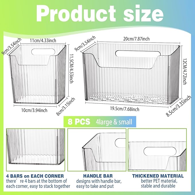 SiliFine 8 Pcs Storage Organizer Bins Wall Mounted Organizer Basket Plastic Cabinet Door Bins Stackable Hanging Baskets for Organizing for Wall Refrigerator Kitchen Bathroom Pantry(3.94'',Clear)