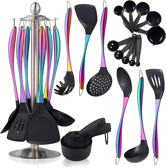 Silicone Cooking Utensils Set, 17pcs Kitchen Utensil Set with Rotatable Holder, Heat-Resistant Silicone Utensils for Cooking, Non-Stick Spatula Set with Stainless Steel Handle,Turner,Ladle (Rainbow)