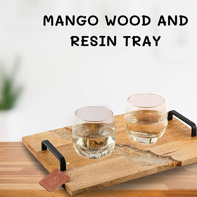 Set of 2 Mango Woodeb Serving Tray with Handles, Food Drinks Tray for Coffee Table - Decorative Kitchen Tray with Black Handle