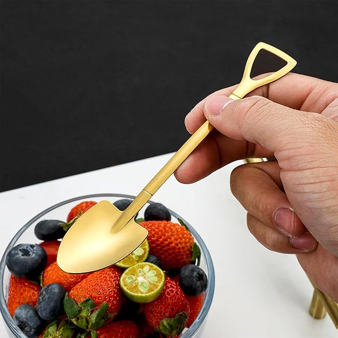 2 Pcs (1 Set) Stainless Steel Shovel Spoons – Reusable Mini Dessert Spoons for Coffee, Tea, Ice Cream, Fruit, Sugar & Cake, Cute Shovel-Shaped Silver Spoons for Kitchen and Party Use (Black)