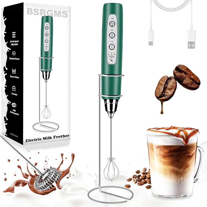 BSRGMS Milk Frother Handheld with Stand, Electric Whisk 3 Speed Adjustable, Drink Mixer with Stainless 3 Whisk, Rechargeable Hand Frother Wand, Foam Maker for Latte Cappuccino Hot Chocolate Egg Green