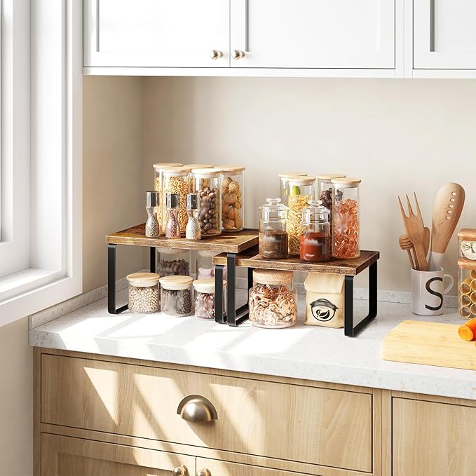 HOOBRO Cabinet Organizer Shelf, Set of 2, Kitchen Countertop Organizer, Kitchen Countertop Shelf, Spice Rack for Counter, Stackable, Expandable for Cabinet, Kitchen, Rustic Brown and Black BF33TL01