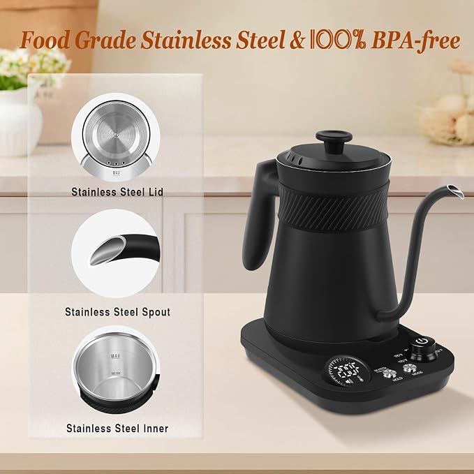 Secura Electric Gooseneck Kettle with 5 Temperature Control Presets, 100% Stainless Steel Inner Tea/Coffee Kettle with 1.5H Keep Warm, 1200 Watt Quick Heating for Coffee Tea Brewing, 0.8L, Matt Black