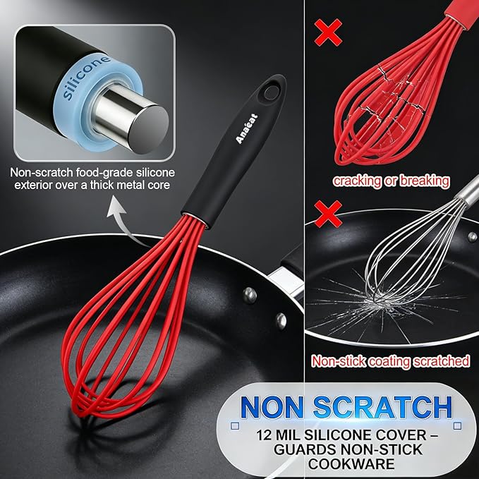Anaeat Silicone Kitchen Whisk Set of 4, Perfect for Non-Stick Cookware, Milk and Egg Beater Blender for Whisking, Cooking, Baking, Beating - 11'' Flat Whisk and 9''+11''+12'' Balloon Whisks (Red)