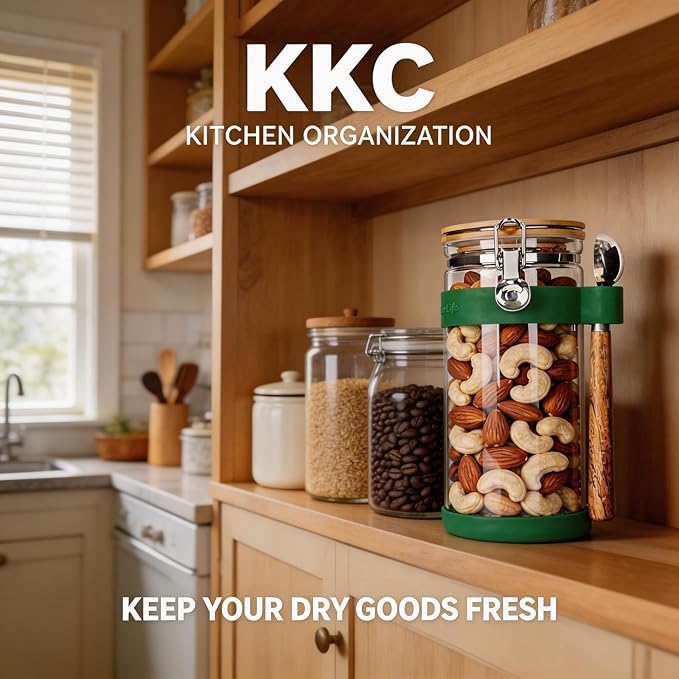 KKC 1.5-Quart Large Glass Nuts Storage Container, Airtight Food Storage Jar with Bamboo Lid & Scoop, Keeps Nuts Crunchy & Fresh, Perfect for Pantry Organization & Storing Nuts, Almonds, Peanuts