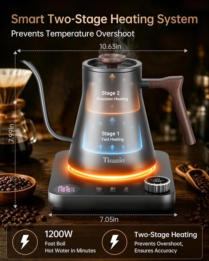 Gooseneck Electric Kettle for Pour Over Coffee, ±1°F Precision Control, Smart Two-Stage Heating, 2-Hour Keep Warm, 0.9L Stainless Steel, Gray Wood Handle