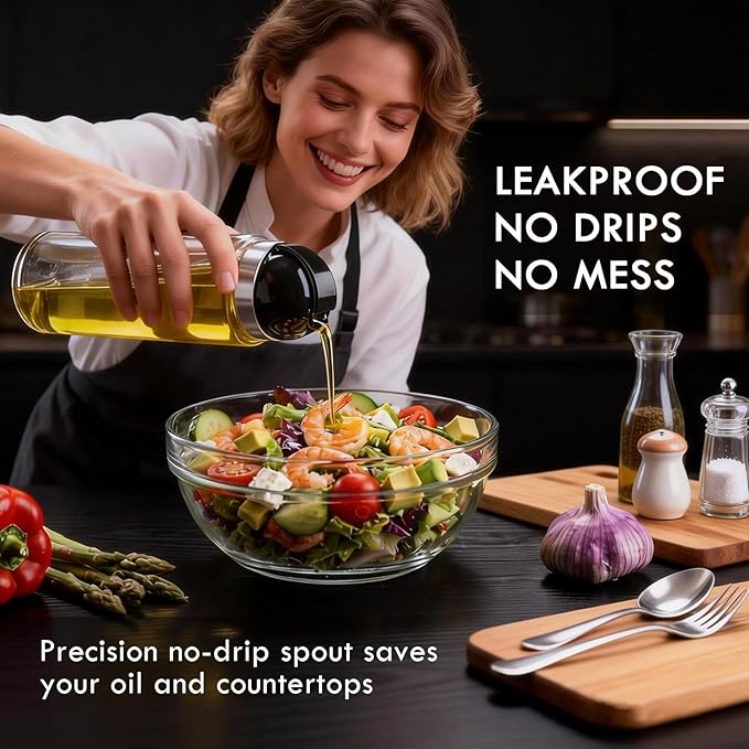 Leakproof Olive Oil Dispenser Bottle with No-Drip Spout - Shatterproof Borosilicate Glass with Dust Cover & Wide Mouth - Heat-Resistant 15oz Oil and Vinegar Cruet for Kitchen, Cooking, Salad Dressing