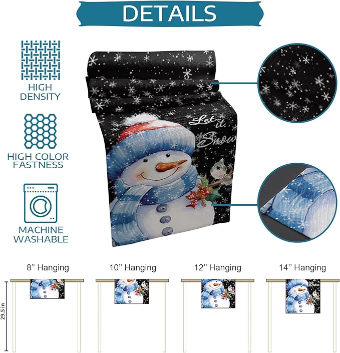 Snowman Christmas Table Runner - 108 Inch Long, Black Xmas Winter Snowflake Dining Table Runner Dresser Scarves, Rustic Let Snow Bird Christmas Decor for Coffee Table Wedding Party Banquet, 13x108 in