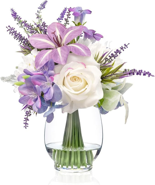 WELL KNOWN Fake Flowers in Vase Artificial Flowers with Fake Water, Real Touch Faux Silk Rose & Blooming Tulips Spring Flower with Lavender Arrangements for Table Decor (White Purple)