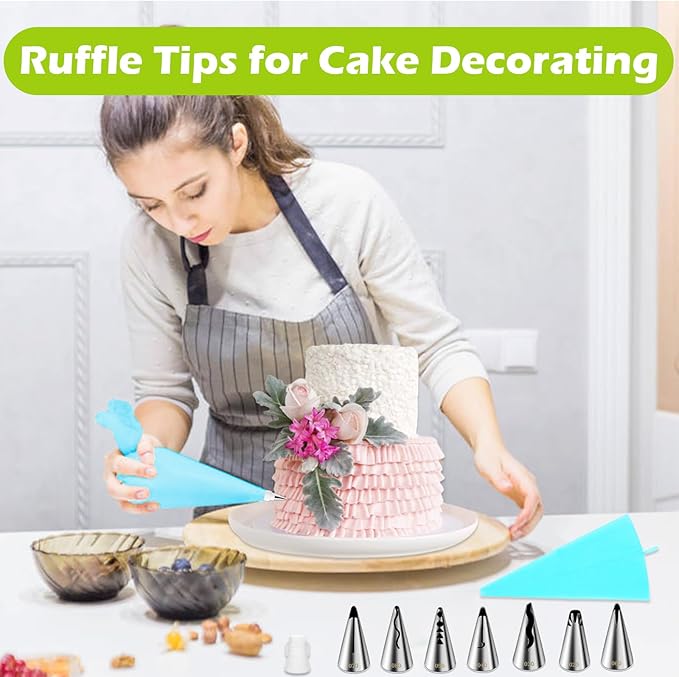 Suuker Ruffle Piping Tips Set, Seamless Stainless Steel Vintage Cake Piping Tips Pleated Skirt Piping Nozzles Set, Cake Decorating Tips for Cake Cupcakes Cookies, 9 Pieces