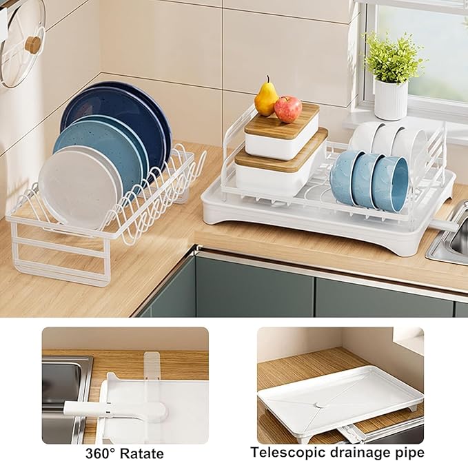 2 Tier Dish Drying Rack, Small Dish Rack for Kitchen Counter, Detachable Capacity Dish Drainer Organizer with Cutlery & Cup Holder (White)