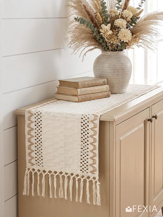 FEXIA Boho Table Runner for Home Decor with Tassels 72 Inch Farmhouse Burlap Macrame Woven Table Runner Rustic Lace Decoration for Living Room Dining Table Entryway, Cream & Brown (13x72 Inch)