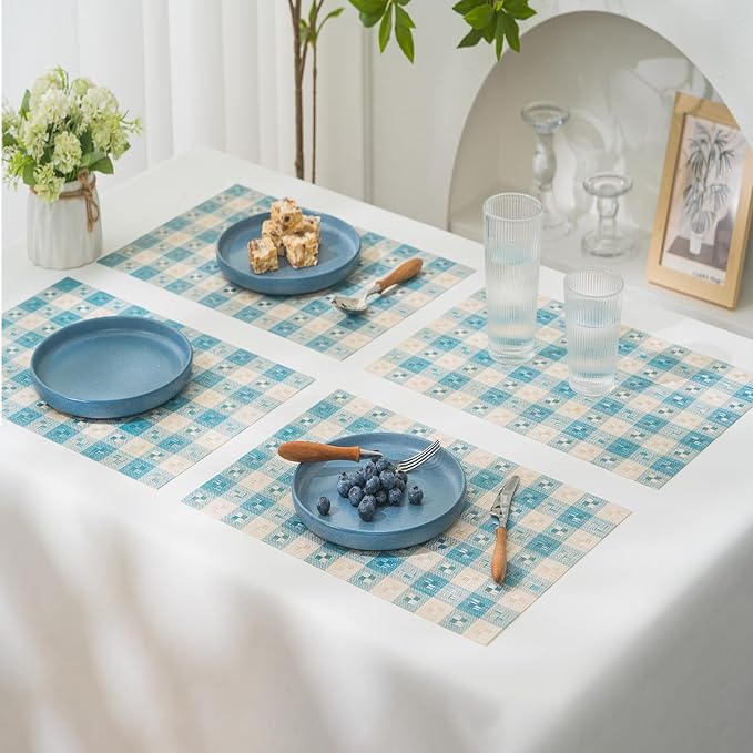 BACKTOEDEN Placemats Set of 12 Heat Resistant Washable Wipeable Placemat Woven Non-Slip Foldable Vinyl/Plastic Place Mats Indoor/Outdoor Mat Kitchen Dining Table Pad, Blue Checkered
