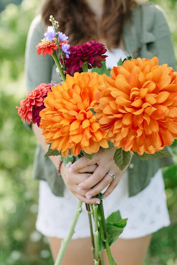 Briful [6PCS Autumn Artificial Chrysanthemum Flowers – 25.6” Long Stem Faux Silk Flowers with Large 6” Bloom Heads, Realistic Plastic Leaves – for Home Wedding Party Office Fall Decor (Orange)