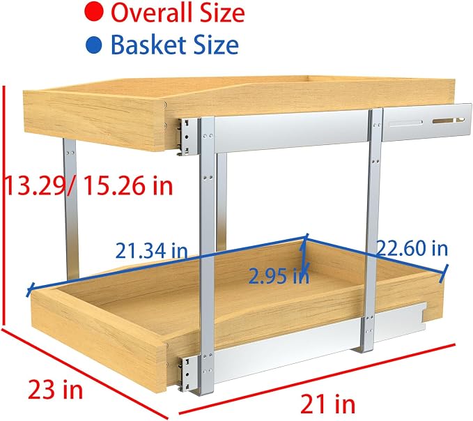 2 Tier Pull Out Cabinet Organizer, 23"W x 21"D Solid Wood Heavy-Duty Base Bottom Assembly Slide out Drawer Shel Cabinet Organization for Kitchen, Pantry, Bathroom