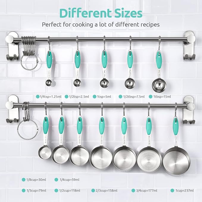 U-Taste 18/8 Stainless Steel Measuring Cups and Spoons Set (Set of 12,Multicolor), and 600℉ Heat Proof Long & Wide Silicone Solid & Slotted Turner for Egg, Pancake (Set of 2, Aqua Sky)