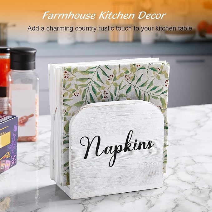 ALELION White-washed Wood Napkin Holder for Table, Wooden Upright Napkin Holders for Kitchen, Standing Napkin Dispenser for Rustic Kitchen Dining Room Party Cocktail Outdoor Decor