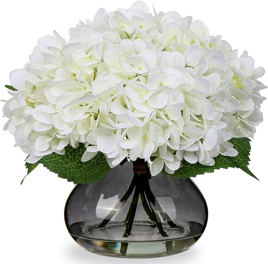 Hollyone Hydrangea Artificial Flowers with Glass Vase White Silk Faux Flowers Arrangements with Faux Water Fake Floral Bulk Bouquet for Home Decor Table Centerpiece Decorations