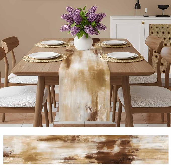 Abstract Minimalist Table Runners 72 Inches Long, Cotton Linen Fabric Table Runner Dresser Scarf, Modern Bohemia Aesthetic Ombre Brown Tablerunner for Party/Kitchen/Dinner/Wedding Decor 13"x72"