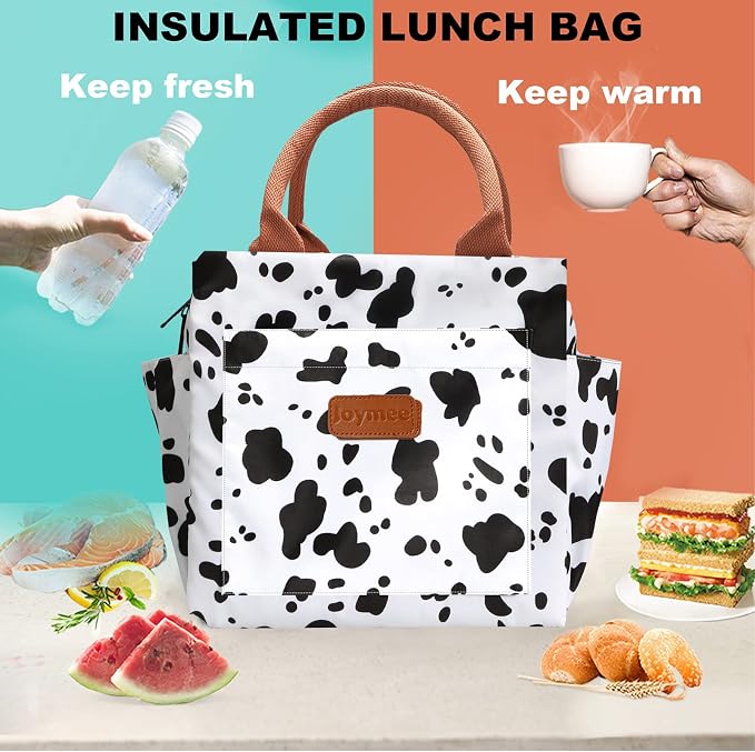 Joymee Reusable Insulated Lunch Bag, Leakproof Cooler Tote for Work - Cow | Large Capacity, Bottle Holder & Side Pockets, Leakproof Insulated Design, for Work, Travel, Picnic & Daily Use, for Adult